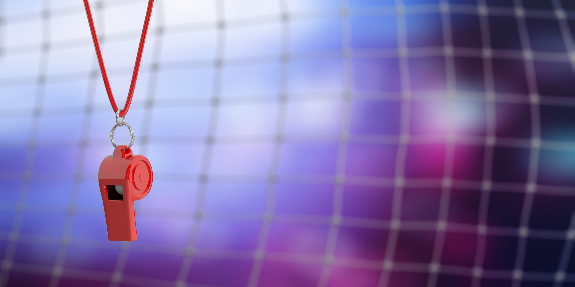 Red whistle on blur soccer goal net background, copy space. 3d illustration