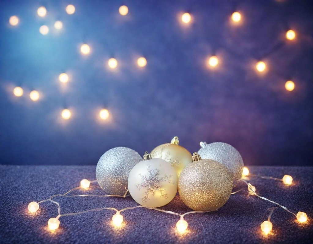 Holiday Sampler Image, round balls and white lights on purple gradient background