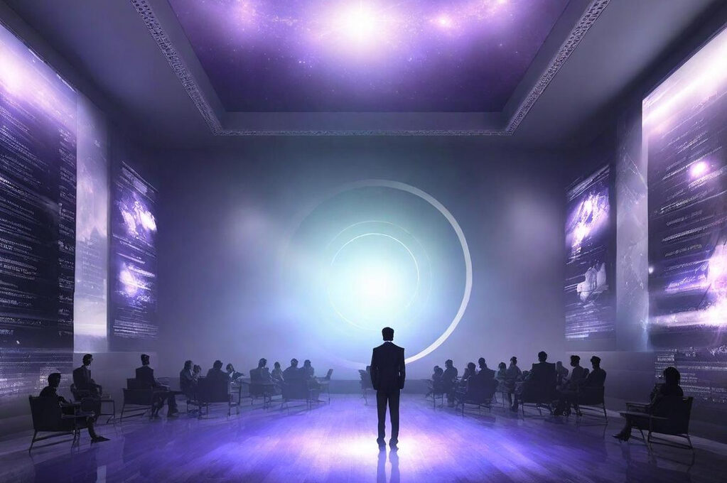 Image of a leader in a room of organization executives performing decision theatre.