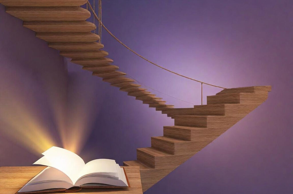 A book sitting on a desk near a set of steps