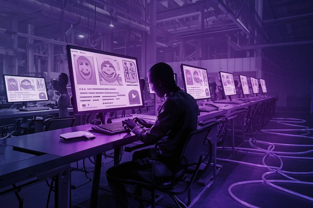 Individual at computer terminal generating manufactured engagement on social platforms