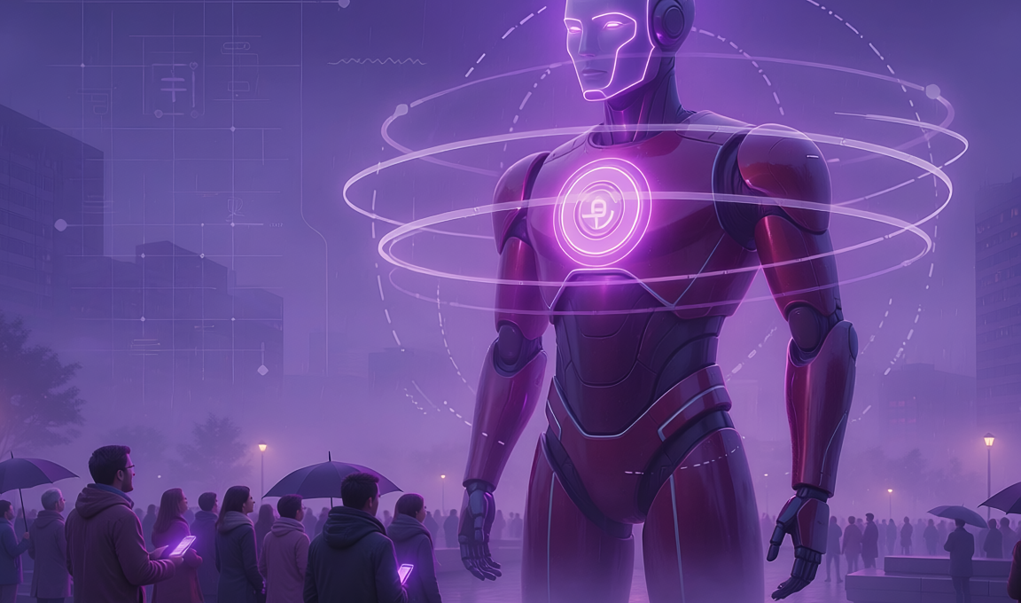 Tall robot AI with humans below