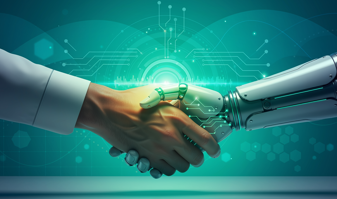 AI and Human Handshake on Teal Gradient backgroun