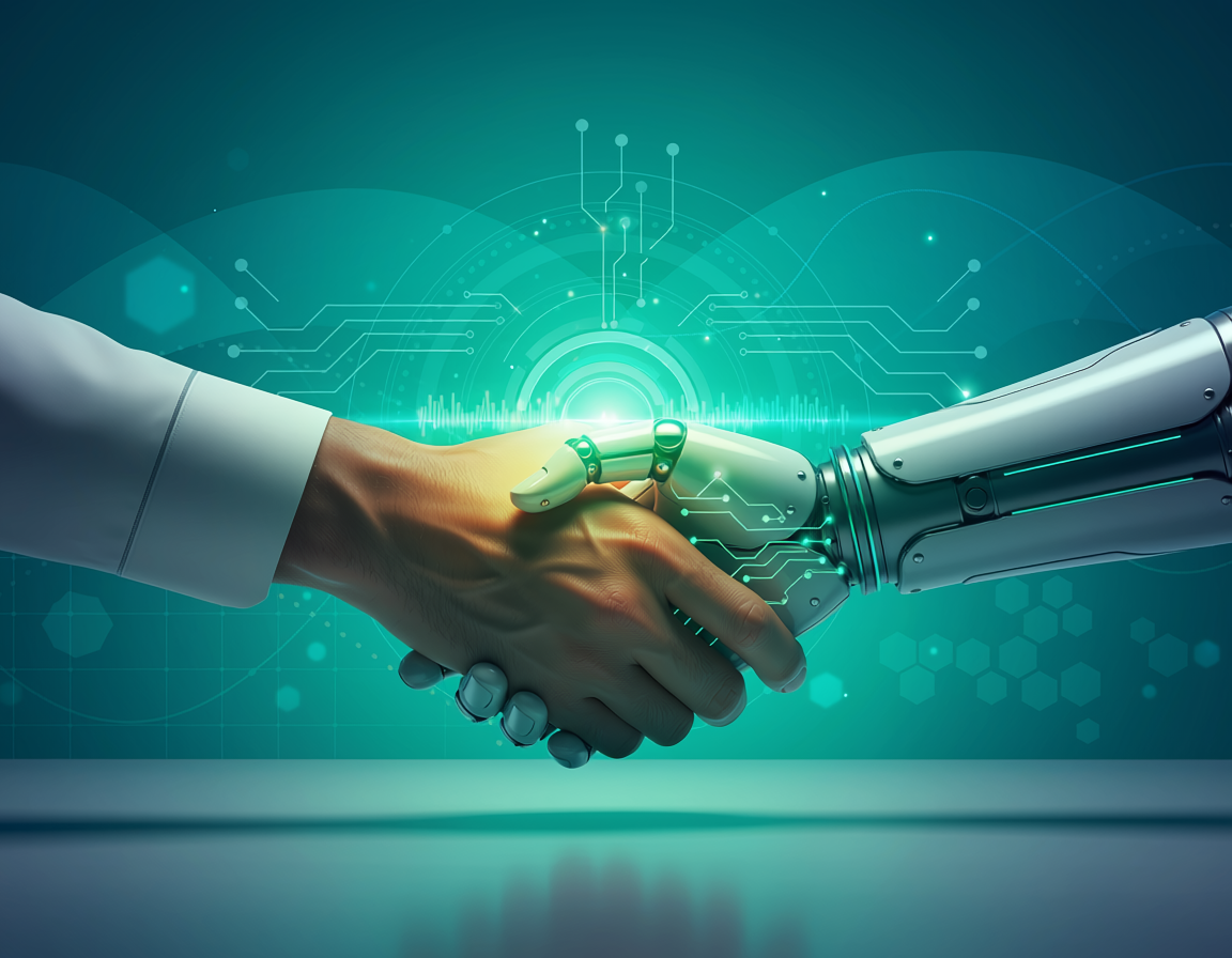 AI and Human Handshake on Teal Gradient backgroun
