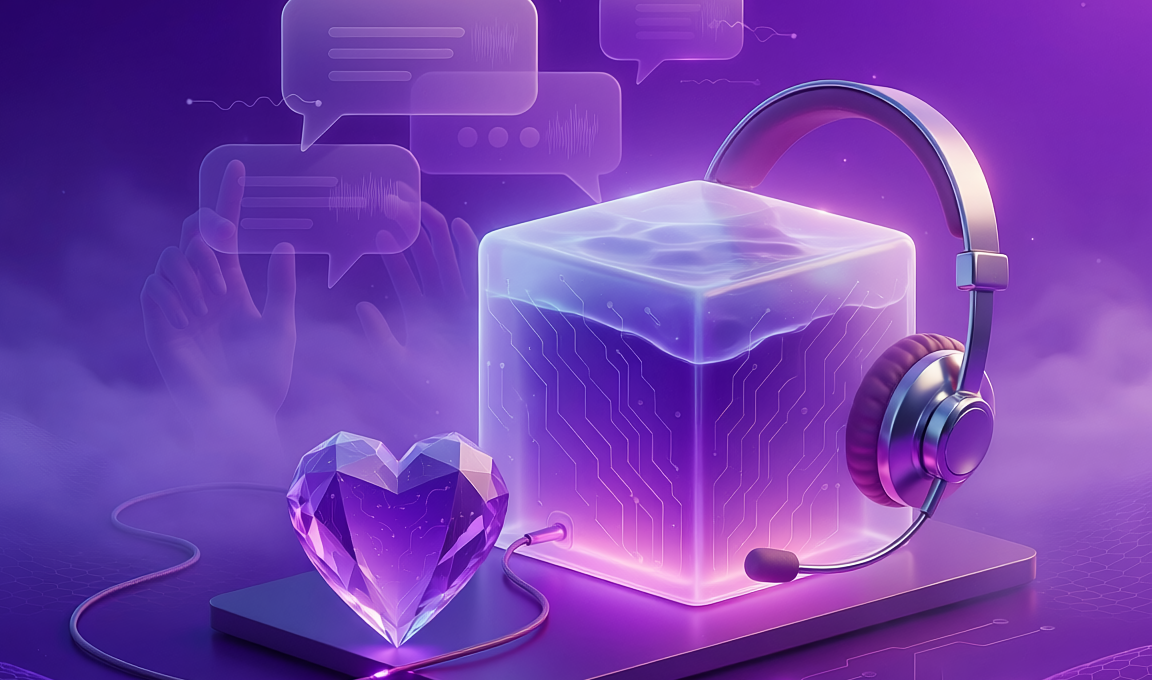 A crystal heart representing a human and a cold box with a mic and headphones representing AI
