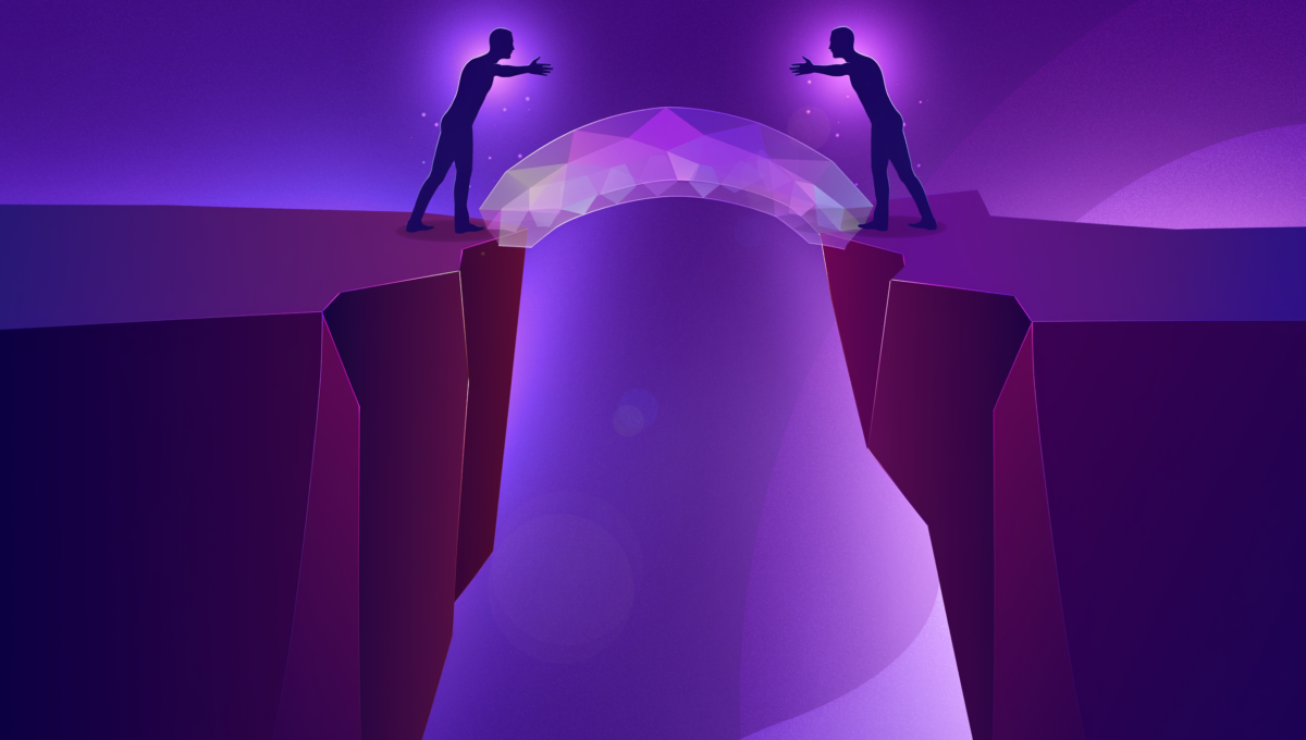 Image of two people separated by the gap of trust in purple hues and gradients