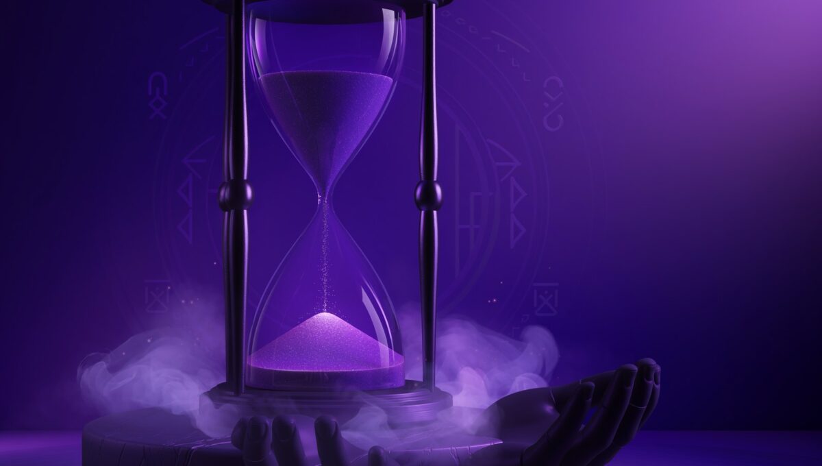 Purple hourglass with sand running out, held above open upturned hands in violet light