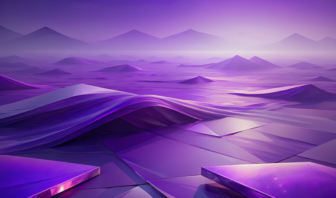 Abstract purple landscape of shifting planes and distant peaks, evoking ground that will not hold still