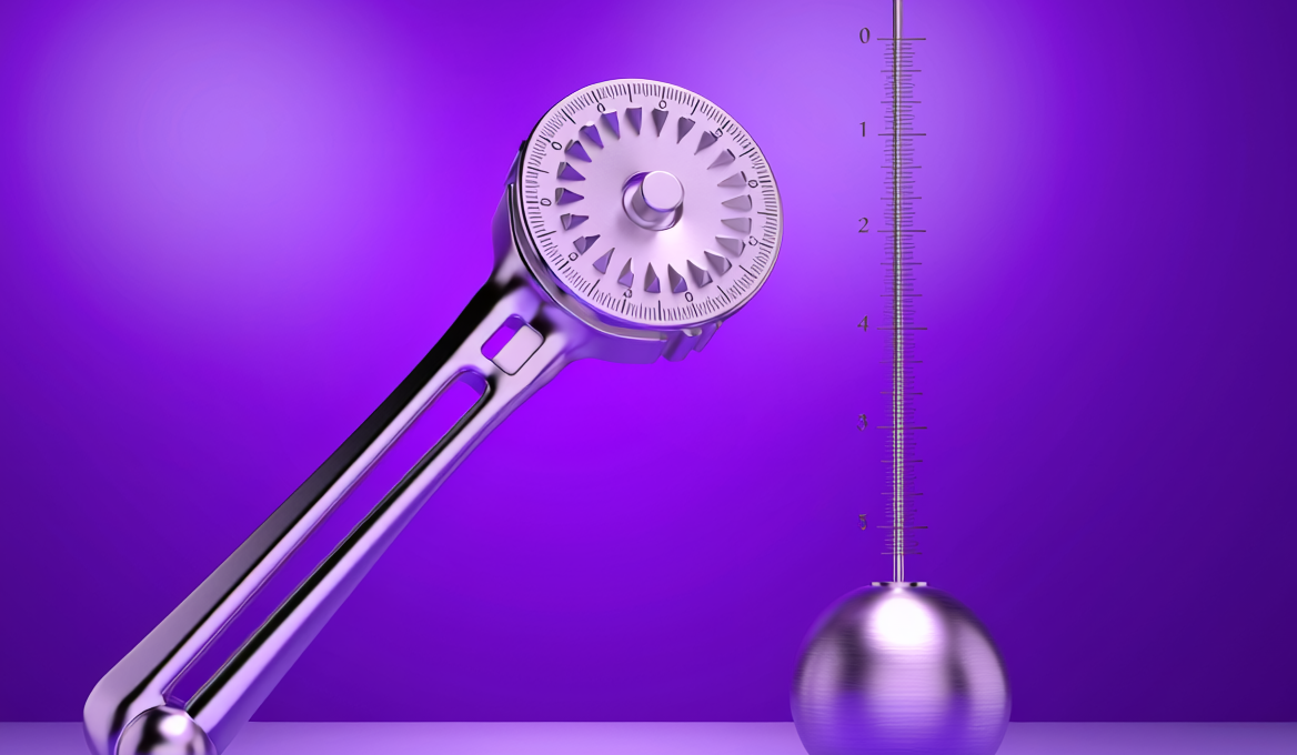 A chrome ratchet wrench and a pendulum with a graduated scale against a purple gradient background, representing measurement instruments that only turn one way