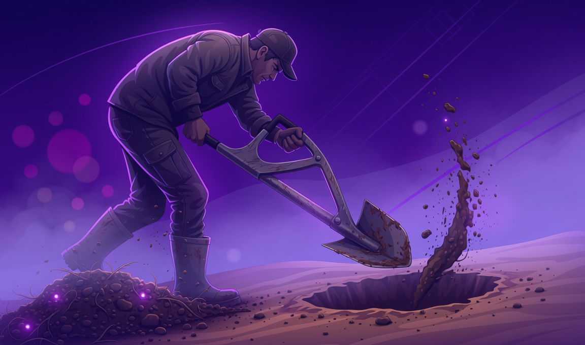 A person digging the same hole deeper with a shovel against a purple background, illustrating vertical thinking versus lateral thinking