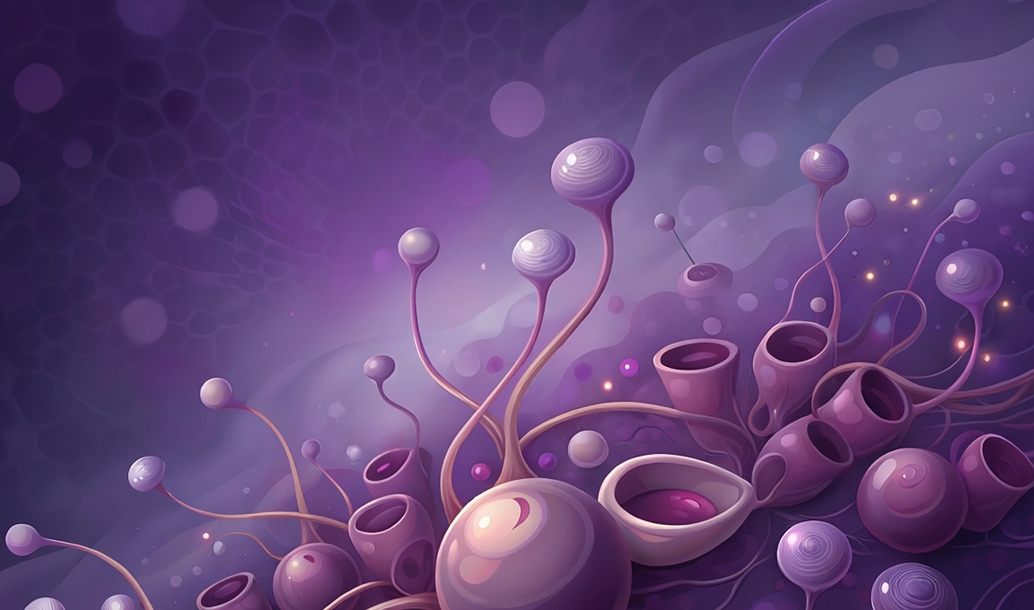 Abstract illustration in purple hues of receptacles and receptors with connections in the foreground