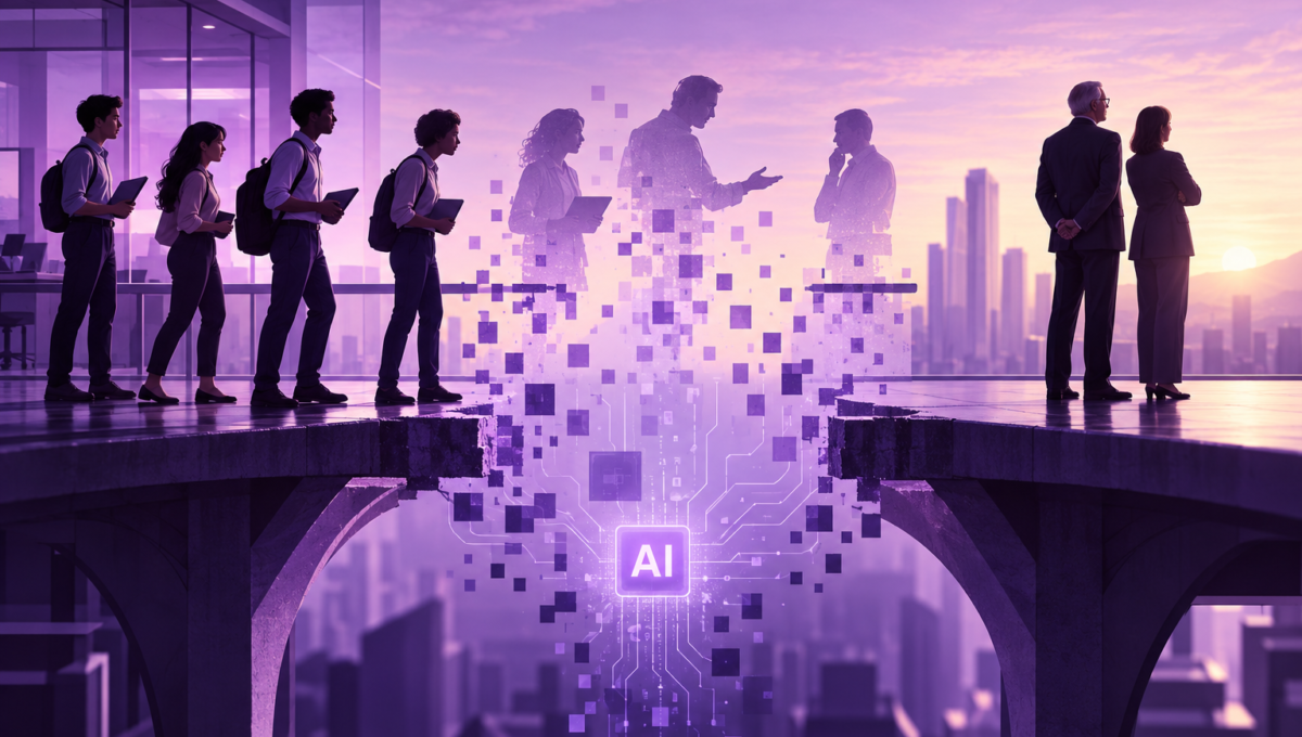 Young professionals and senior leaders stand on either side of a broken bridge, with the middle dissolving into AI pixels against a purple city skyline