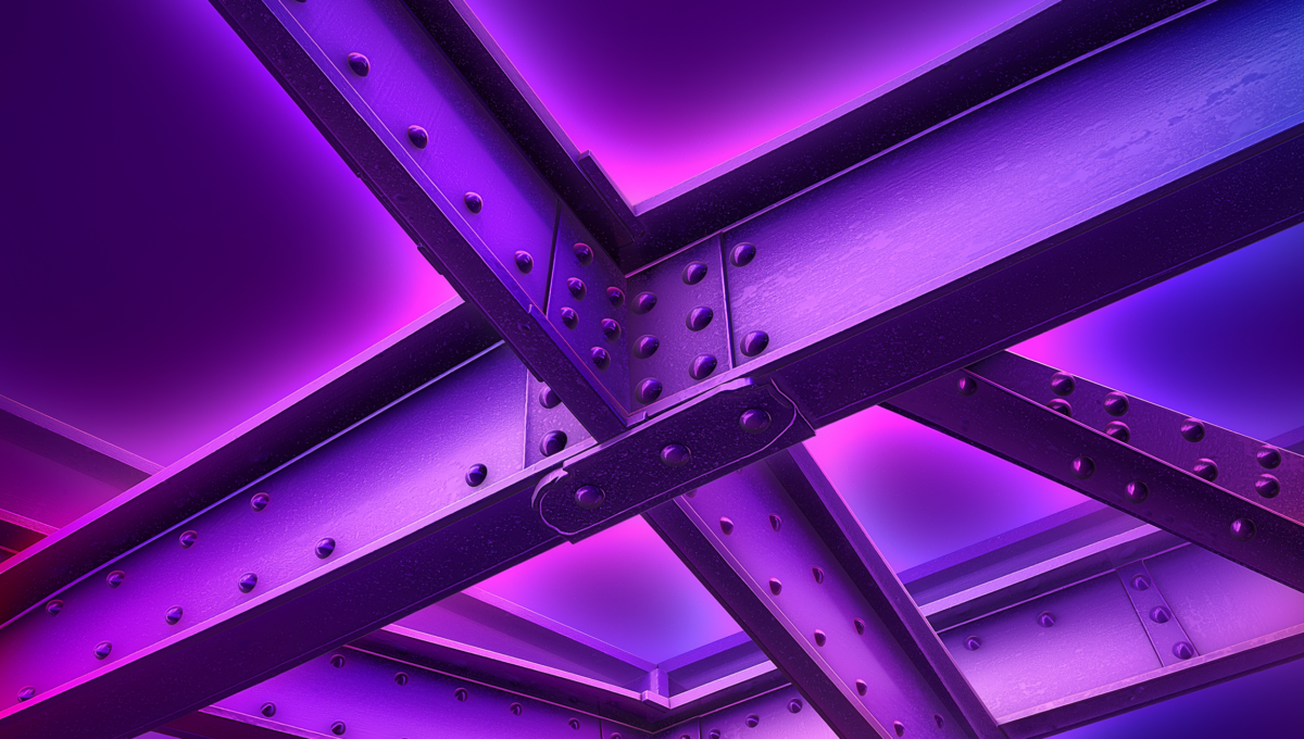 Riveted steel girders crossing at a joint, lit in purple hues, representing structural friction inside an organization