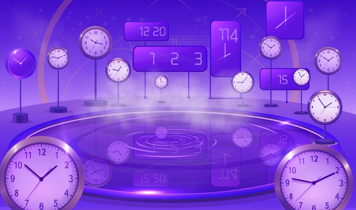A collection of clocks and digital time displays showing different times, arranged around a reflecting pool, in purple hues